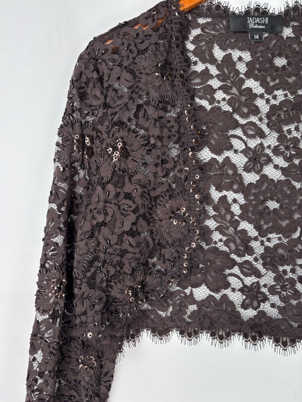 Tadashi Shoji Lace Beaded Bolero Brown Size 14 Womens Elegant Floral - Picture 2 of 6